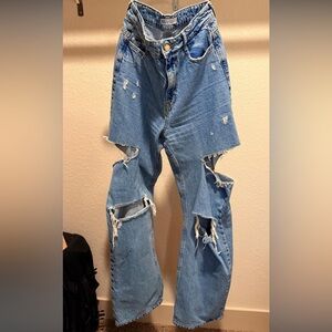 ZARA MID WAIST RIPPED CUT OUT STRAIGHT LEG JEANS